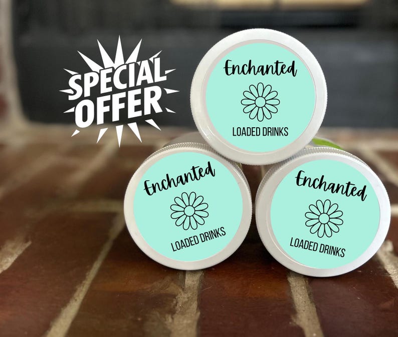 May include: Three white containers with teal lids are stacked. Each lid has the word "Enchanted" in black script, a daisy graphic, and the words "LOADED DRINKS". A "SPECIAL OFFER" graphic is in the upper left.
