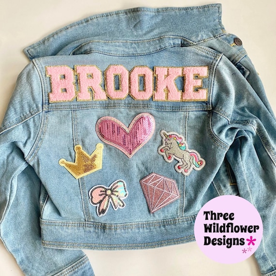 Pink patch denim jacket sale