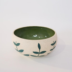 Handmade Small Ceramic Bowl - Footed Green Leaf Design Bowl by Elly Ceramics - Turkish Handcraft Fruit or Salad Bowl