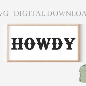 May include: A digital download SVG file featuring the word "HOWDY" in a bold, western-style font. The word is centered on a white background within a wooden frame.