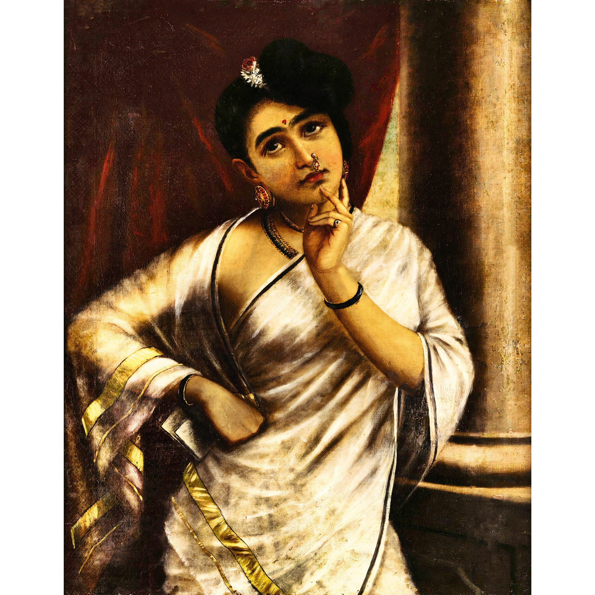 Raja Ravi Varma Oil Painting Lady With Flower