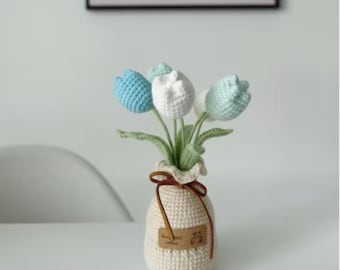 Crochet Flower Tulip Pot | Handmade Yarn Flowers, Everlasting Knitted Bouquet, Minimal Room Decor Gift for Her Crochet Rose Tulip Bouquet