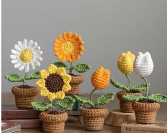 Handmade Crochet Flower Pot | Amigurumi Sunflower, Tulip Daisy Decor | Cute Yarn Plant Gift | Cozy Home & Office Crochet Decoration