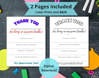 Teacher Appreciation Day Survey | Thank You Letter | Coloring Page | Colored Print | All About My Teacher | Teacher Gift | 2-Page Printable