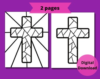 Stain Glass Cross Coloring Printable, Lent, Easter, Christian Catholic, Sunday School, Homeschool, Set of 2 Printables