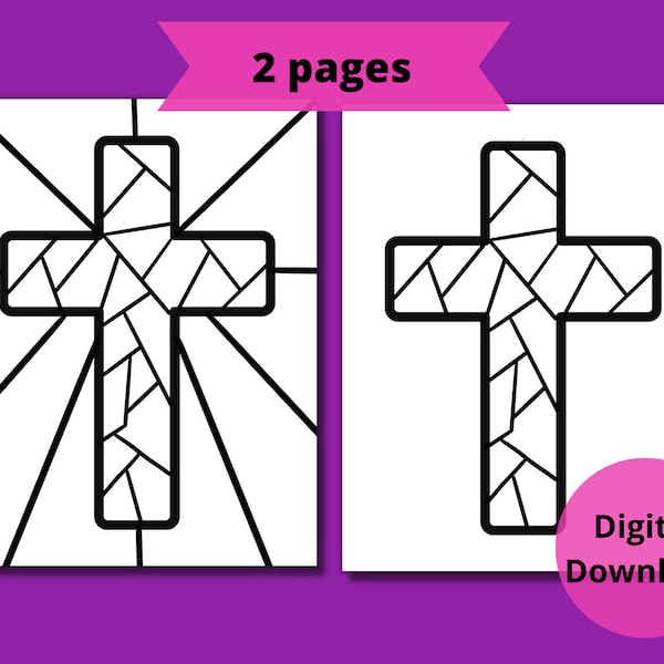 Stain Glass Cross Coloring Printable, Lent, Easter, Christian Catholic, Sunday School, Homeschool, Set of 2 Printables