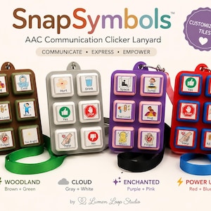 Może przedstawiać: Cztery smycze do komunikacji AAC SnapSymbols w kolorach brązowym, szarym, fioletowym i czerwonym. Każde prostokątne urządzenie posiada sześć kwadratowych przycisków z ikonami i etykietami tekstowymi, takimi jak Hug, Cold, Hurt, Drink, Space, Jump, Yes, No i Help.