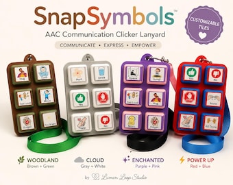 May include: Four SnapSymbols AAC communication clicker lanyards in brown, gray, purple, and red. Each rectangular device features six square buttons with icons and text labels like Hug, Cold, Hurt, Drink, Space, Jump, Yes, No, and Help.