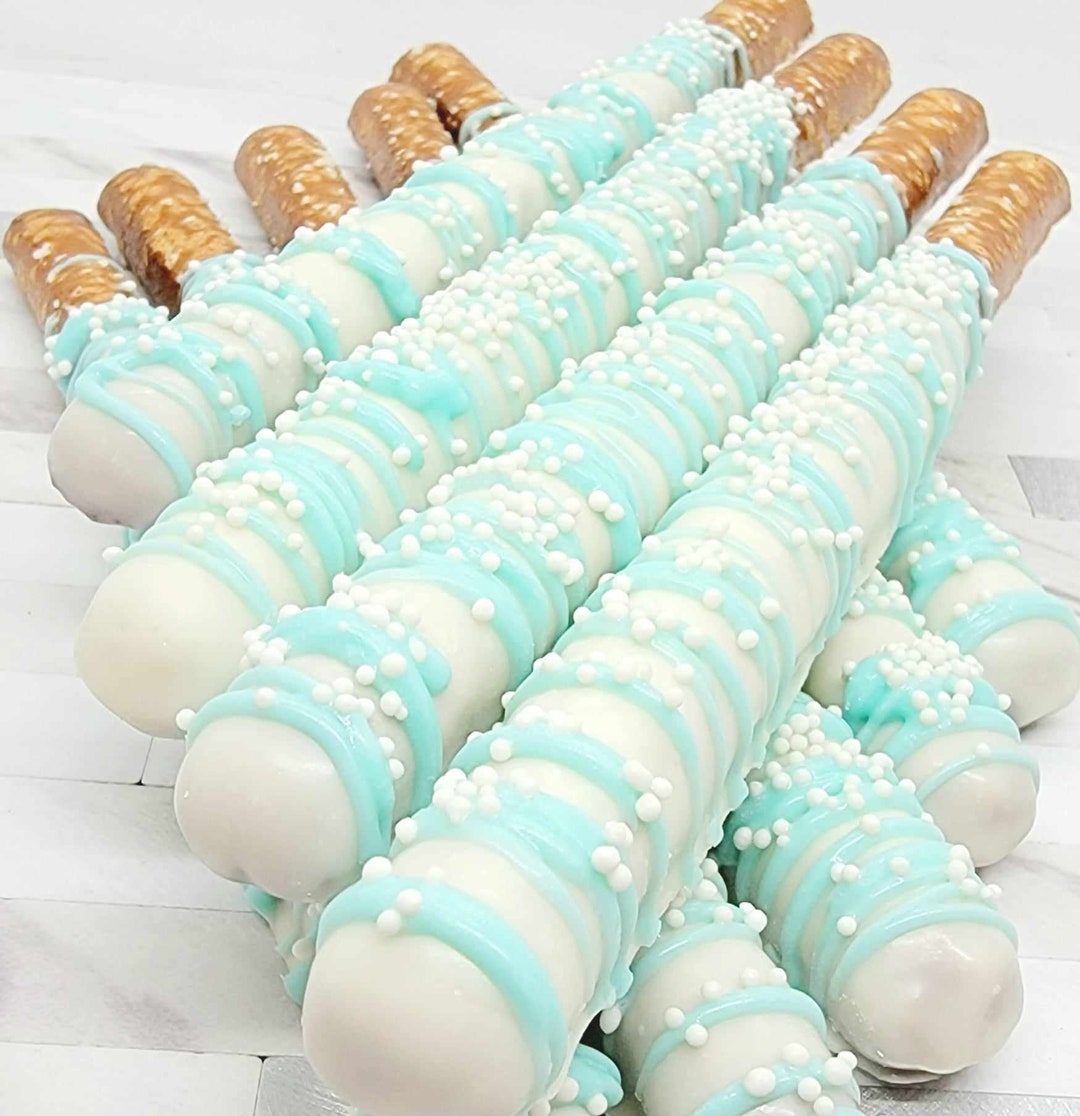 Chocolate Covered Pretzel Rods for Gender Reveal Baby Shower Blue Boy