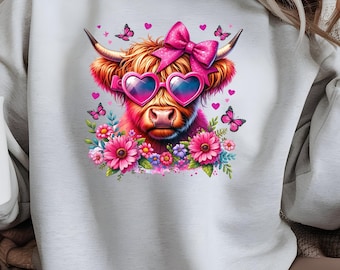 ピンクのリボン付きハイランド牛PNG | トレンディなウエスタンシャツPNG | コケットカウガール昇華Tシャツデザイン | デジタルダウンロード | DTF転写