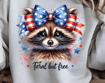 Feral But Free Raccoon PNG, Trendy Patriotic Raccoon Sublimation Designs, Funny 4th of July Shirt PNG, Digital Download