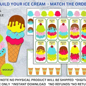 Puede incluir: Juego de correspondencia de conos de helado imprimible para niños. Recorta las piezas y haz coincidir los conos de helado en el orden correcto. El juego incluye 10 conos de helado diferentes con varios ingredientes.