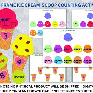 Ten Frame and Ice Cream  Scoop Counting Activity, 3 Stack, Play Printable Counting activities 0-10,Preschool,Homeschool,Instant download PDF