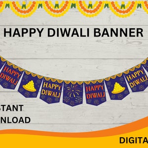Happy Diwali Banner Digital, DIY Diwali bunting, Diwali decoration,Diwali fireworks, Laddu, Diwali Bunting, Digital banner, Instant Download