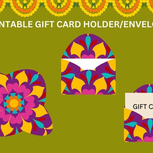 May include: Printable gift card holder or envelope with a colorful mandala design. The envelope is purple with yellow, pink, red, and blue accents. The text "GIFT CARD" is printed on a white card inside the envelope.