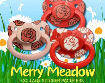 Merry Meadow Collage Adult Pacifier, Rose, Daisy, Sunflower, Flower, Nature, Cottagecore Little Space Gear
