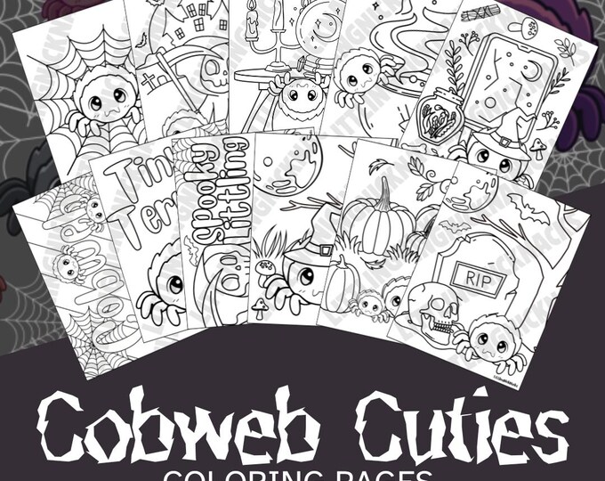 Featured listing image: Cobweb Cuties Coloring Pages, Little Space Halloween Spooky Goth Coloring