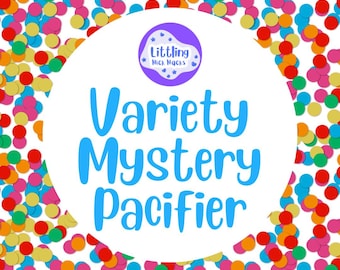 Puede incluir: Imagen colorida con un círculo blanco en el centro que muestra el texto azul "Variety Mystery Pacifier". El fondo está lleno de confeti de varios colores. Un círculo morado más pequeño con texto en la parte superior.