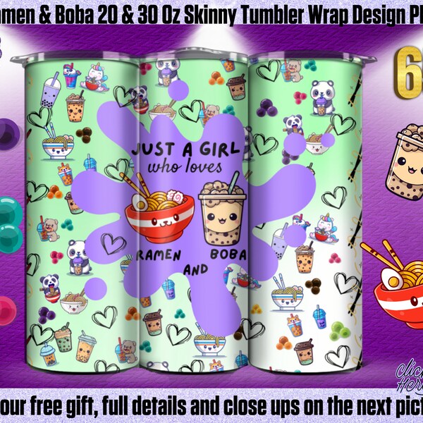 Just A Girl Who Loves Ramen And Boba 20 & 30 Oz Skinny Tumbler Wrap Design Sublimation PNG