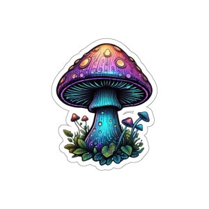 Blue and purple cartoon mushroom sticker, smaller mushrooms, psychedelic, far out, vivid colors, cool color palette, trippy, funky