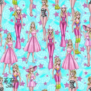 May include: A repeating pattern featuring illustrations of dolls in various outfits, including dresses, jumpsuits, and swimwear. The dolls are in shades of pink, with some wearing cowboy hats. The background is a light blue with shell and star motifs. The text "The Fabric Stash" is visible.
