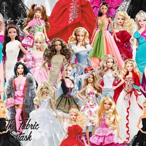 May include: A collage of various Barbie dolls in different outfits and poses. The dolls are wearing a variety of dresses, skirts, and tops. The dolls are all smiling and looking happy. The background is a colorful pattern of flowers and other designs. The text "The Fabric Stash" is visible in the bottom left corner of the image.