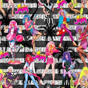 May include: A colorful fabric print featuring cartoon rock stars with guitars and microphones. The background is black and white stripes with palm trees and musical notes. The text "Jem" appears multiple times in the print.