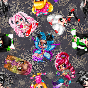 May include: A seamless pattern featuring colorful cartoon girls with different hairstyles and outfits. The girls are surrounded by spiderwebs on a dark gray background.