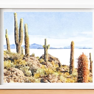 Salar De Uyuni Bolivia watercolor Print, Cactus print, South America travel poster, Digital download 2x3, 5x7, 8x10, 11x14, 18x24