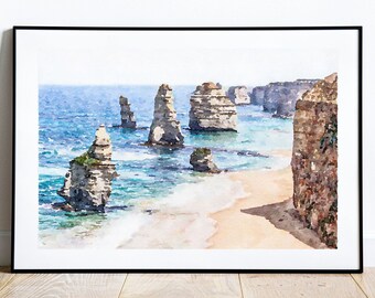 Twelve Apostles Australia Watercolor print, Great Ocean Road, Australia coast Wall Art, Digital download 2x3, 5x7, 8x10, 11x14, 18x24