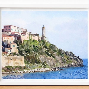Tuscany watercolor Print, Elba island, Italian Wall Art, Tuscany seascape, Instant download