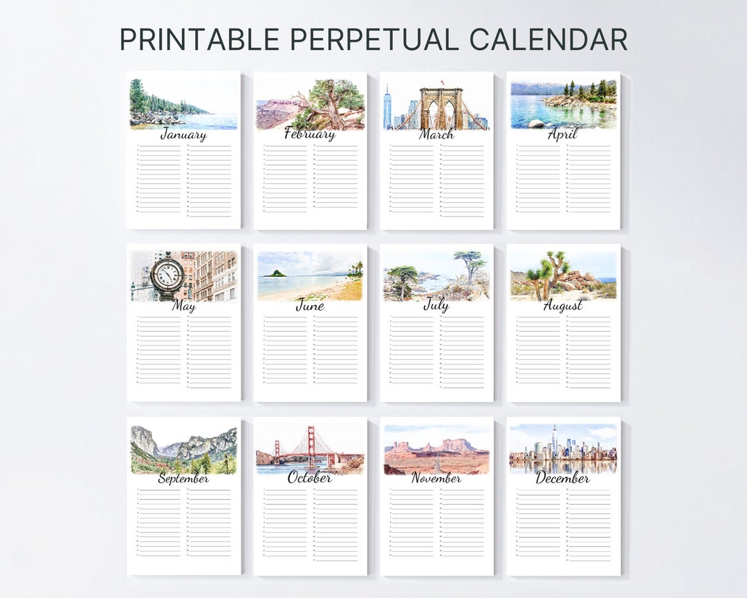 Printable Perpetual Calendar, Landscape Birthday Calendar, Gift for ...