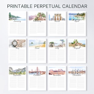 Printable perpetual calendar, Landscape birthday calendar, gift for travel lover, Tourist Attractions USA, Birthday Gift, Instant Download