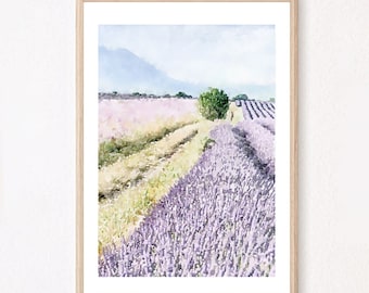 Lavender Field watercolor print, French Country decor, Watercolor floral wall art, Lavender printable art 5x7, 8x10, 11x14, 16x20, 18x24