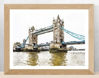 London Tower Bridge watercolor print, London city Travel art, Digital download