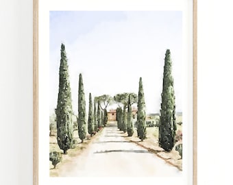 Cipressen Italië aquarel print, Toscane landschap, Italiaans decor, digitaal afdrukbaar 5x7, 8x10, 11x14, 16x20 18x24