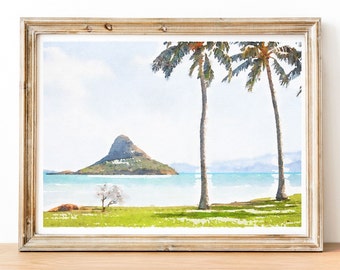 Hawaii O'ahu watercolor print, Hawaii Travel Drawing, Beach Wall Art, Tropical Decor, Digital Download 2x3, 5x7, 8x10, 11x14, 18x24