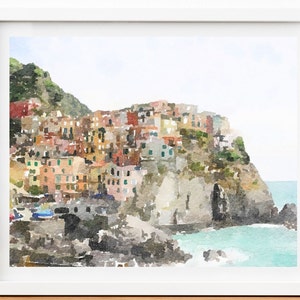 Cinque Terre Watercolor print, Manarola wall art, Italian Riviera, Liguria travel poster, Instant Download