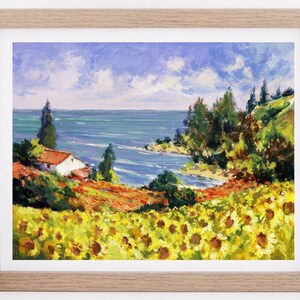 ひまわり畑の油絵、ひまわり畑の家、大きなひまわり畑、ひまわりと海、インスタントデジタル