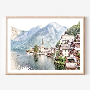 May include: Watercolour painting of a small village nestled between mountains and a lake. The village has a church with a tall steeple and many houses with red roofs. The lake is a light blue colour and the mountains are a light grey colour.