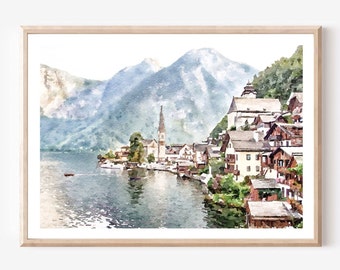 Paysage neutre Hallstatt Autriche, Peinture de village, Wall Art Mountain Print, Téléchargement numérique 2x3, 5x7, 8x10, 11x14, 18x24