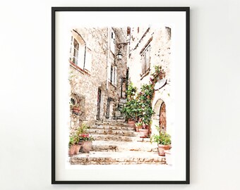 May include: A watercolor painting of a narrow, cobblestone street in a European village. The street is lined with stone buildings and has a set of stairs leading up to a doorway. There are potted plants and flowers along the street.