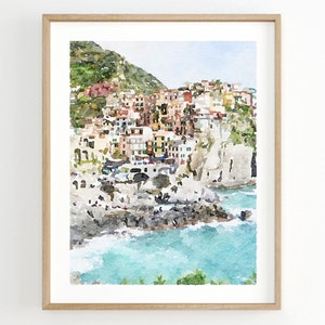 Manarola watercolor print, Cinque Terre travel poster, Italy wall art, Italian beach, Digital Printable Download 2x3, 5x7 8x10, 11x14, 18x24 image 1