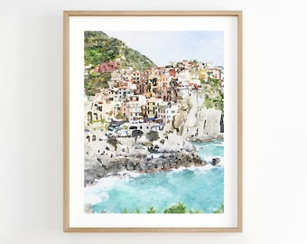 Manarola Aquarell Druck, Cinque Terre Reiseplakat, Italien Wandkunst, italienischer Strand, Digital Printable Download 2x3, 5x7, 8x10, 11x14, 18x24