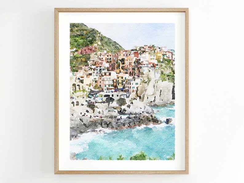 Manarola watercolor print, Cinque Terre travel poster, Italy wall art, Italian beach, Digital Printable Download 2x3, 5x7 8x10, 11x14, 18x24 image 1