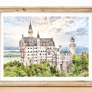 Neuschwanstein Castle watercolor print, Germany travel poster, Bavaria Neutral Print, Digital download 2x3, 5x7, 8x10, 11x14, 18x24