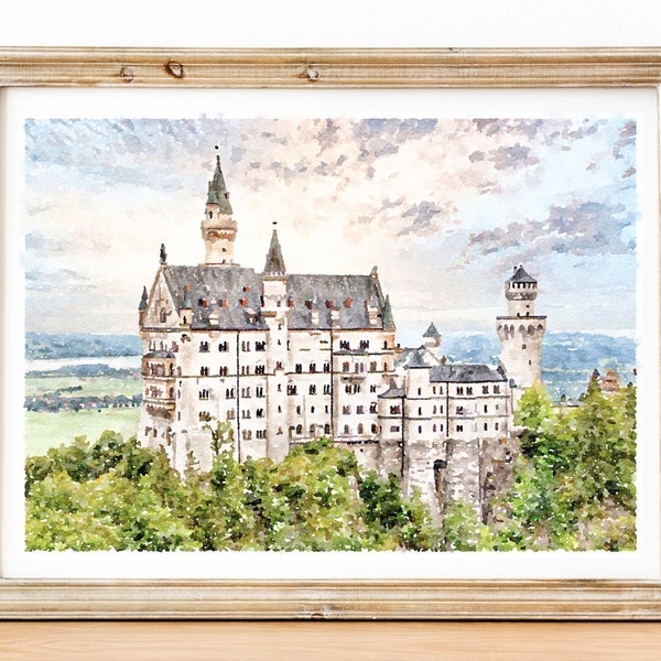 Neuschwanstein Castle watercolor print, Germany travel poster, Bavaria Neutral Print, Digital download 2x3, 5x7, 8x10, 11x14, 18x24