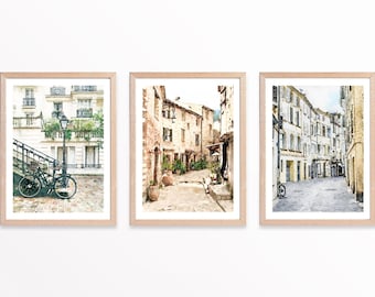 Conjunto de 3 calles francesas, estampados de acuarela, Francia París, Provenza Aviñón, impresiones de arte de pared neutral, imprimible digital 5x7, 8x10