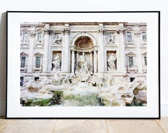 May include: A framed watercolor-style print depicting the Trevi Fountain in Rome. The artwork features the central statue of Oceanus, surrounding sculptures, and architectural columns in shades of white, beige, and soft green within a black frame.
