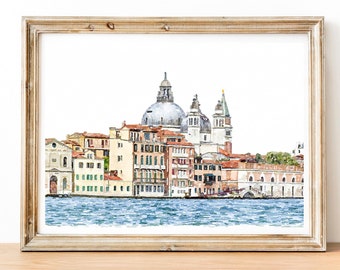 May include: Watercolor painting of a cityscape with a large domed building in the center. The buildings are painted in shades of pink, yellow, and white, with blue water in the foreground.